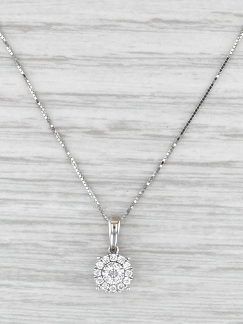 0.16ctw Diamond Halo Pendant Necklace 14k White Gold 16-18" Box Chain